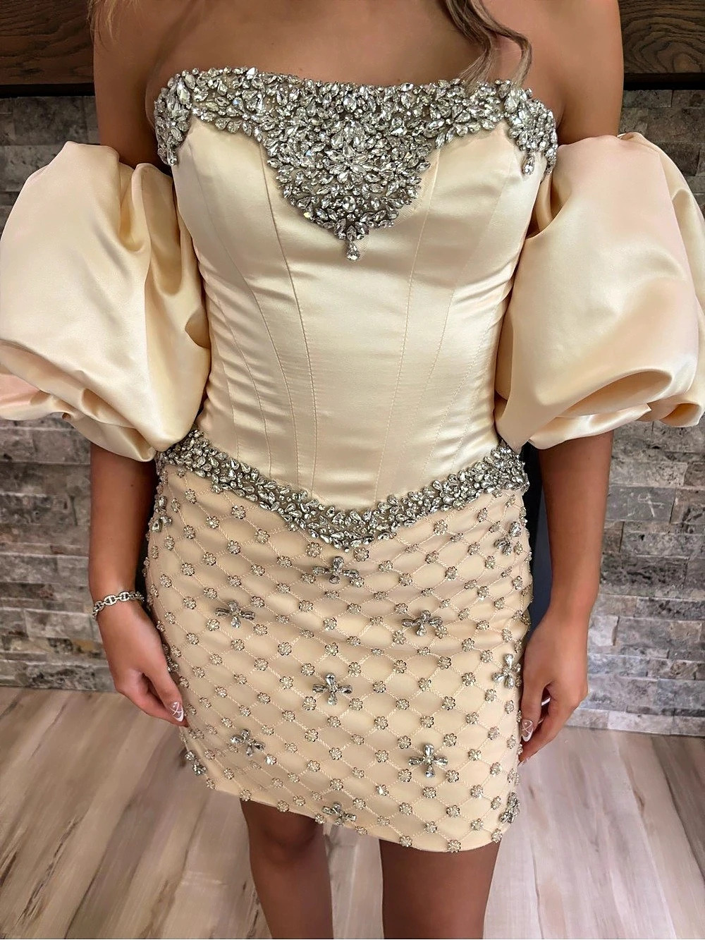 Embellished Homecoming Dress in Champagne with detachable sleeves.